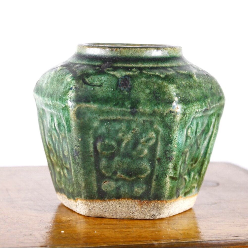 Antique Chinese hexagonal green ginger jar 3.5", small size ginger jar,